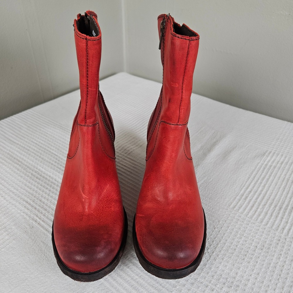 Born Orosi Red Leather Booties Boots Sz 7.5 Braided Side‎ Zip Heel - Picture 5 of 10